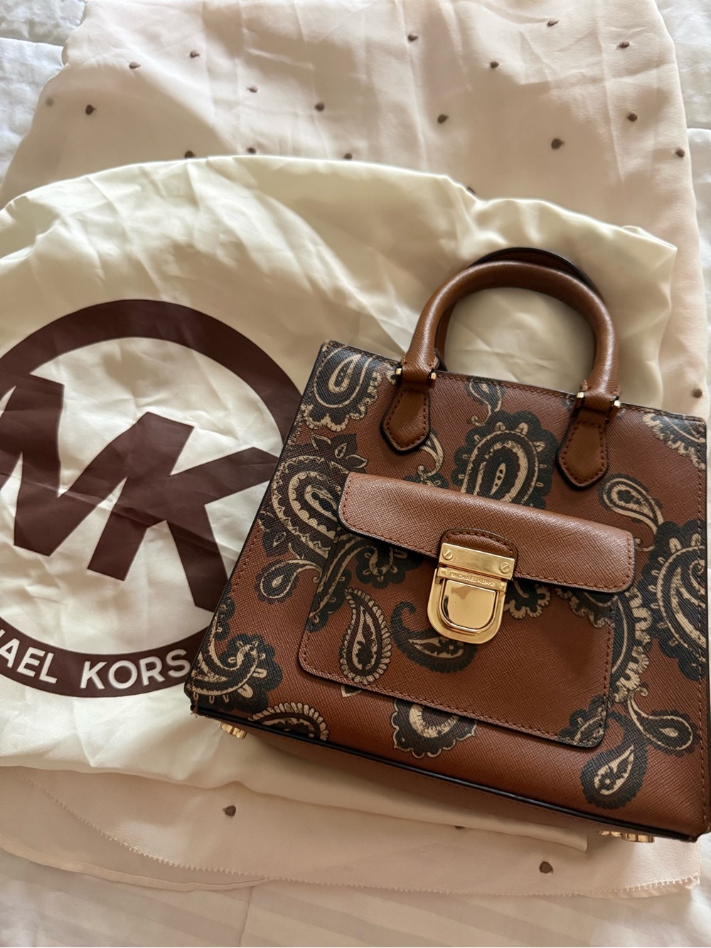 Michael Kors Brown Paisley Leather Top-Handle Satchel with Gold Hardware 2 Way - Picture 1 of 11